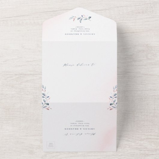 バラ金ゴールドほこりっぽい青い緑の幾何学模様結婚 オールインワン招待状 (外側)