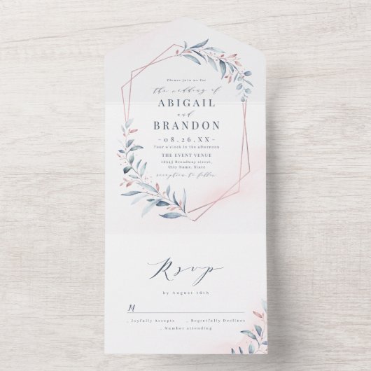 バラ金ゴールドほこりっぽい青い緑の幾何学模様結婚 オールインワン招待状 (内側)