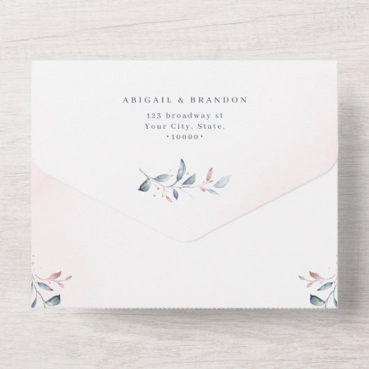 バラ金ゴールドほこりっぽい青い緑の幾何学模様結婚 オールインワン招待状 (裏面)