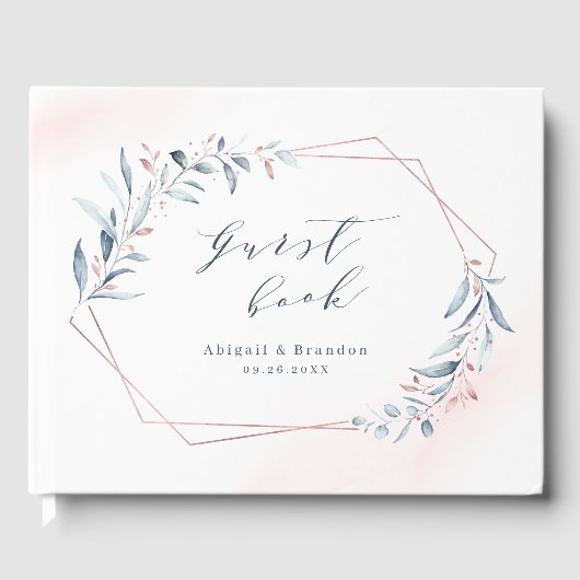 バラ金ゴールドほこりっぽい青い緑の幾何学模様結婚 ゲストブック (正面)