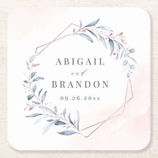 バラ金ゴールドほこりっぽい青い緑の幾何学模様結婚 スクエアペーパーコースター (正面)