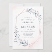 バラ金ゴールドほこりっぽい青い緑の幾何学模様結婚 招待状 (正面)