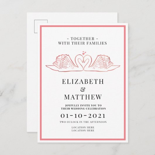 バラ金ゴールドをテーマにしたスワ結婚ンズ インビテーションポストカード (正面/裏面)