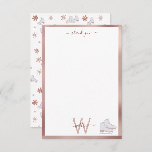 バラ金ゴールドアイススケート赤面ピンクスケートで滑るキッズ サンキューカード (正面/裏面)