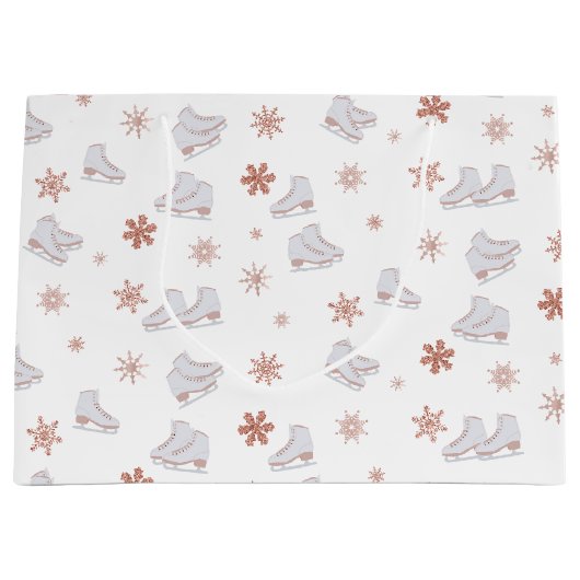 バラ金ゴールドアイススケート赤面ピンクスケートで滑るパターン ラージペーパーバッグ (正面)