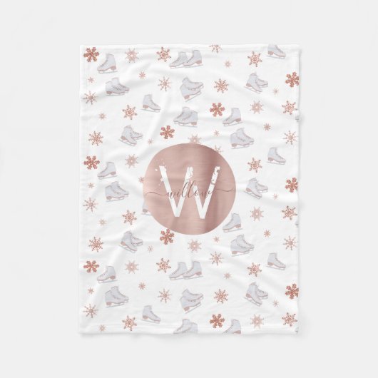 バラ金ゴールドアイススケート赤面ピンクスケートで滑るモノグラム フリースブランケット (正面)