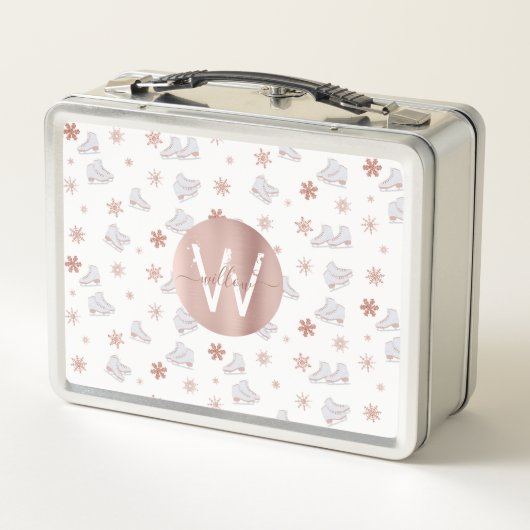 バラ金ゴールドアイススケート赤面ピンクスケートで滑るモノグラム メタルランチボックス (裏面)