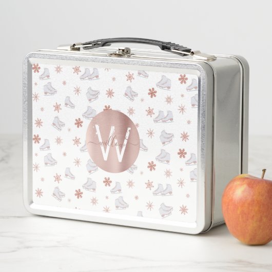 バラ金ゴールドアイススケート赤面ピンクスケートで滑るモノグラム メタルランチボックス (インサイチュ)