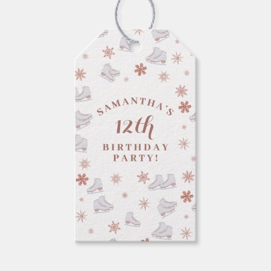 バラ金ゴールドアイススケート赤面ピンクスケートで滑る誕生日 ギフトタグ (正面)