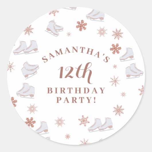 バラ金ゴールドアイススケート赤面ピンクスケートで滑る誕生日 ラウンドシール (正面)
