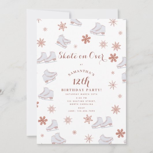 バラ金ゴールドアイススケート赤面ピンクスケートで滑る誕生日 招待状 (正面)
