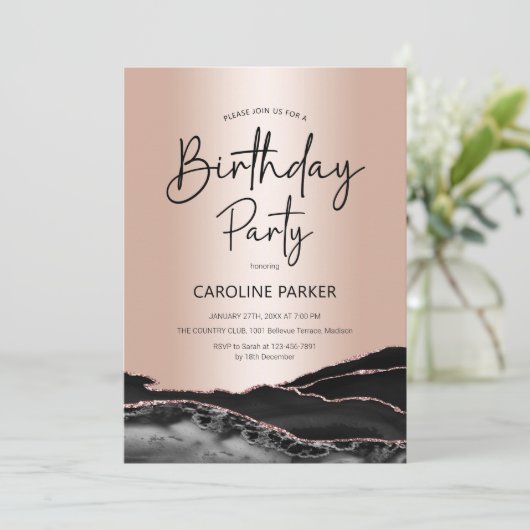 バラ金ゴールドアガテブラック誕生日任意の年齢 招待状 (スタンド正面)