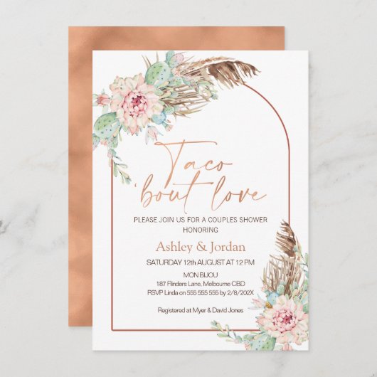 バラ金ゴールドアーチタコブットラブボホカップルシャワー 招待状 (正面/裏面)