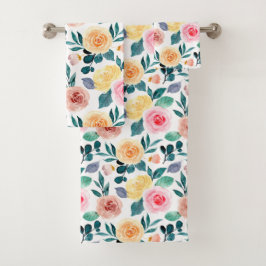 バラ金ゴールドイエローピンクフローラ水彩パターン バスタオルセット