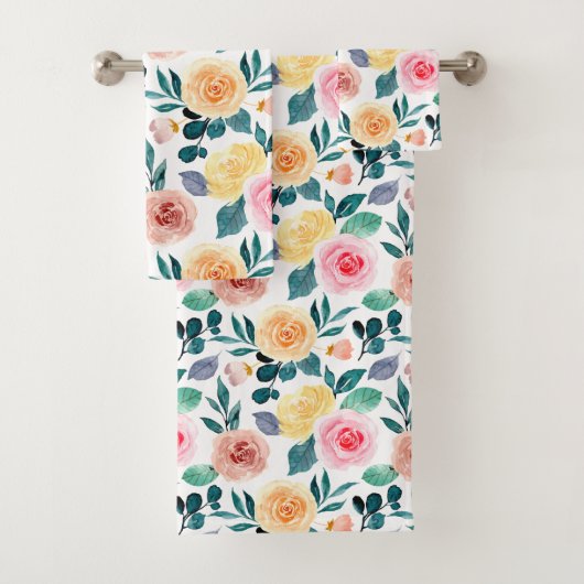 バラ金ゴールドイエローピンクフローラ水彩パターン バスタオルセット (インサイチュ)