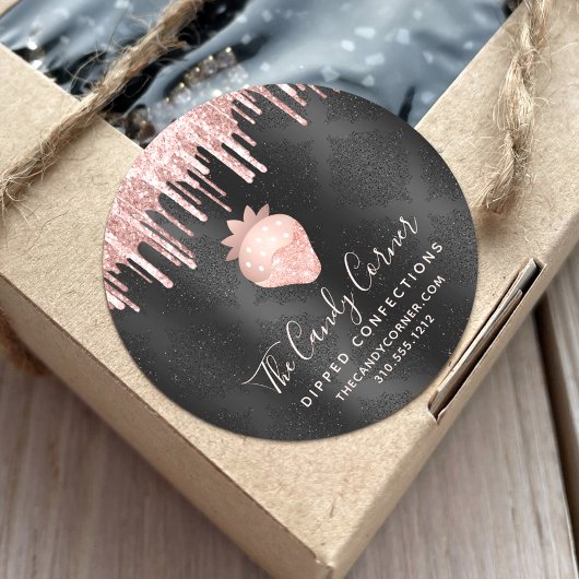 バラ金ゴールドイチゴグリッタードリップ菓子ブラック ラウンドシール