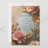 バラ金ゴールドインスパイアヴィンテージフローラ日付の保存 招待状 (正面)