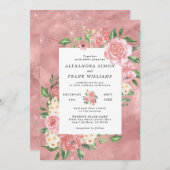 バラ金ゴールドウォーターカラーピンク植物性フローラ結婚ズ 招待状 (正面/裏面)
