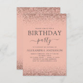 バラ金ゴールドエイジ誕生日ピンクスパークルグリッター 招待状 (正面/裏面)