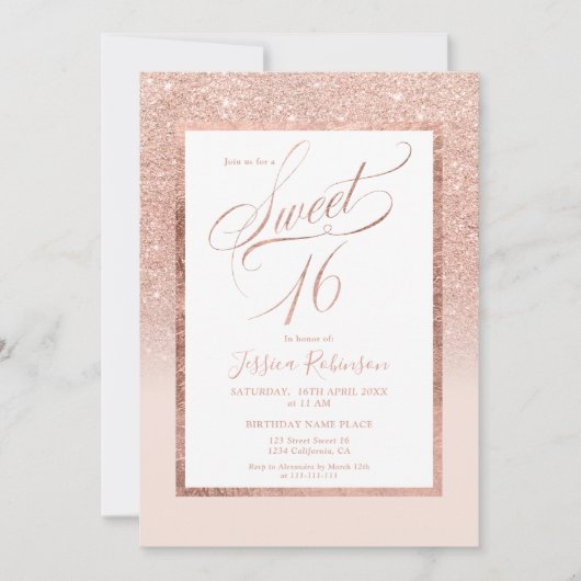 バラ金ゴールドエレガントグリッターシックなスクリプトスイート16 招待状 (正面)
