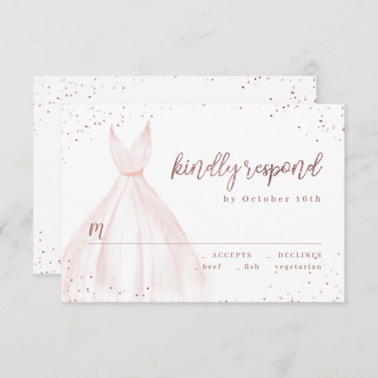 バラ金ゴールドエレガントグリッタースパークルピンクドレスRSVP 出欠カード (正面/裏面)