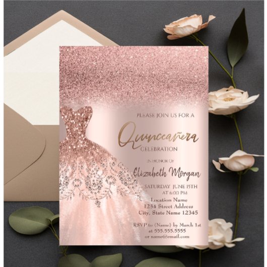 バラ金ゴールドエレガントグリッタードレスキンセアニェラ 招待状