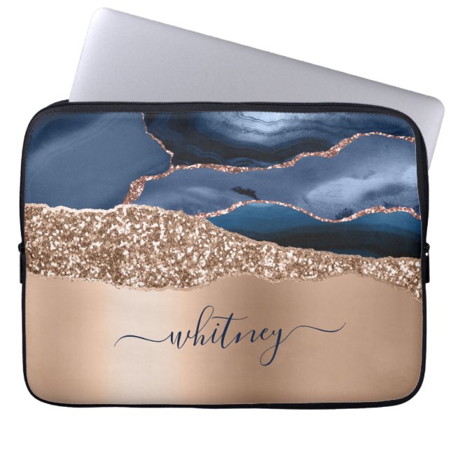バラ金ゴールドエレガントグリッターモノグラムのネイビーブルー ラップトップスリーブ (正面)