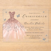 バラ金ゴールドエレガントバタフライドレスキンセアニェラ アクリル招待状 (正面)