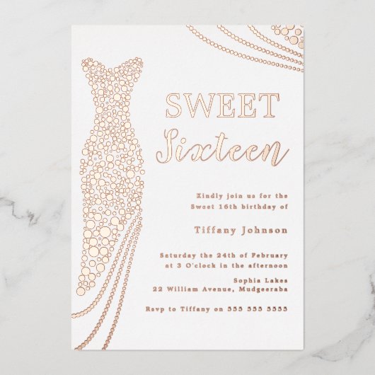 バラ金ゴールドエレガントフォイルドレススウィート16誕生日 箔招待状 (正面)