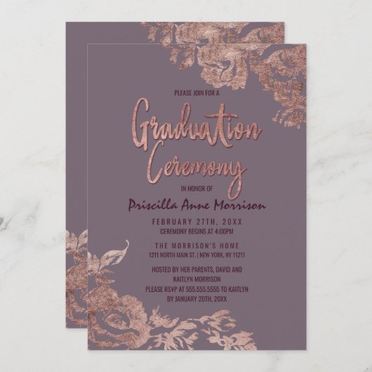 バラ金ゴールドエレガントフローラパープルモーブ卒業 招待状 (正面/裏面)