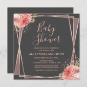 バラ金ゴールドエレガントフローラモダンベビーシャワー 招待状 (正面/裏面)