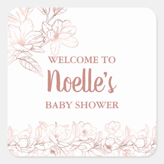 バラ金ゴールドエレガントマグノリア花、ベビーシャワー スクエアシール (正面)