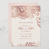 バラ金ゴールドエレガントレース結婚式の日付を保存 セーブザデート (正面/裏面)