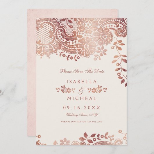 バラ金ゴールドエレガントレース結婚式の日付を保存 セーブザデート (正面/裏面)