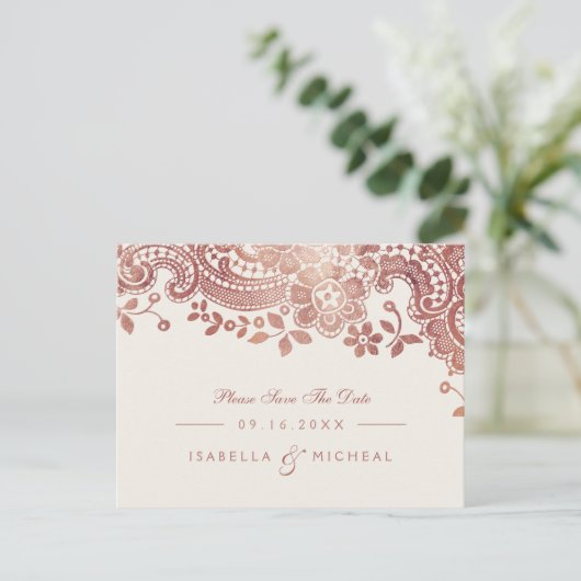 バラ金ゴールドエレガントレース結婚式の日付を保存 案内ポストカード (スタンド正面)