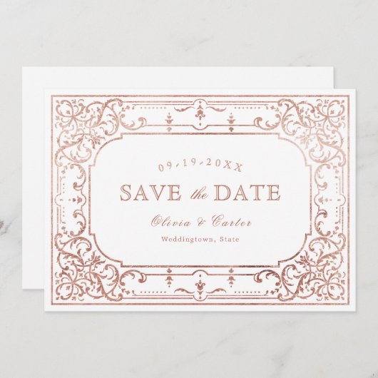 バラ金ゴールドエレガントロマン華美ティック結婚式 セーブザデート (正面/裏面)