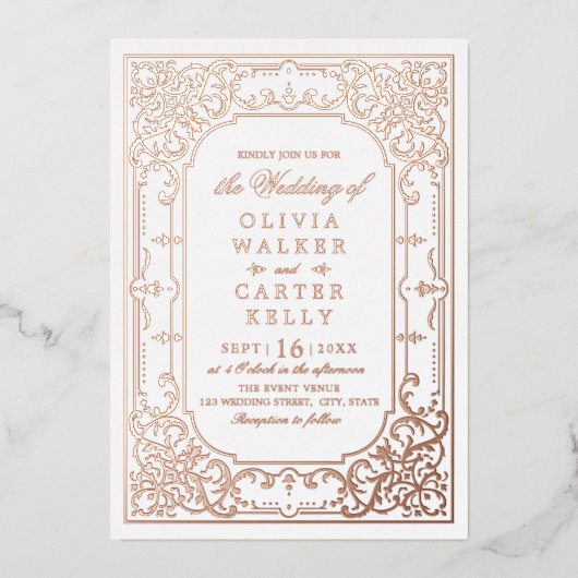 バラ金ゴールドエレガントロマ華美ティックなヴィンテージ結婚式 箔招待状 (正面)