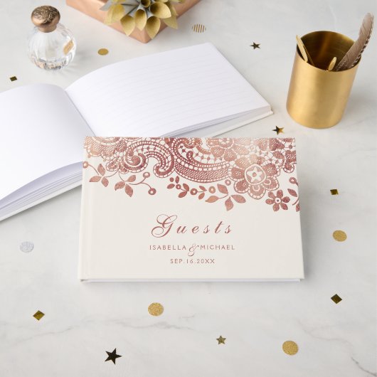 バラ金ゴールドエレガントヴィンテージレ結婚ースのゲストブック ゲストブック (正面見開き)