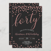 バラ金ゴールドエレガント紙吹雪40歳の誕生日 招待状 (正面/裏面)