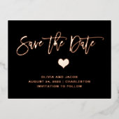 バラ金ゴールドオン黒とハート |日付の保存 箔招待状ポストカード (正面)