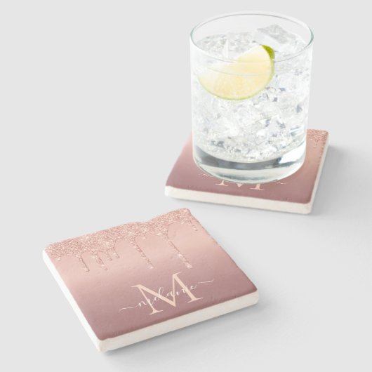 バラ金ゴールドカスタムグリッターレター名ストーンコースター ストーンコースター (横)