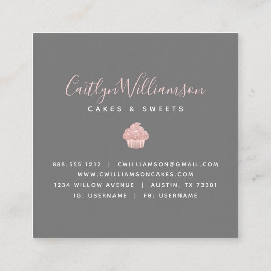 バラ金ゴールドカップケーキグリッタードリップベーカリーパティシシェフ スクエア名刺 (裏面)