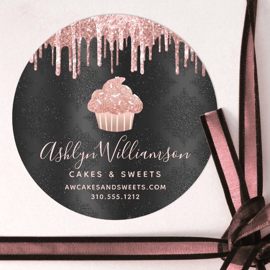 バラ金ゴールドカップケーキグリッタードリップベーカリーブラックシェフ ラウンドシール