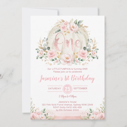 バラ金ゴールドカボチャ1st誕生日赤面ピンクフローラ 招待状 (正面)