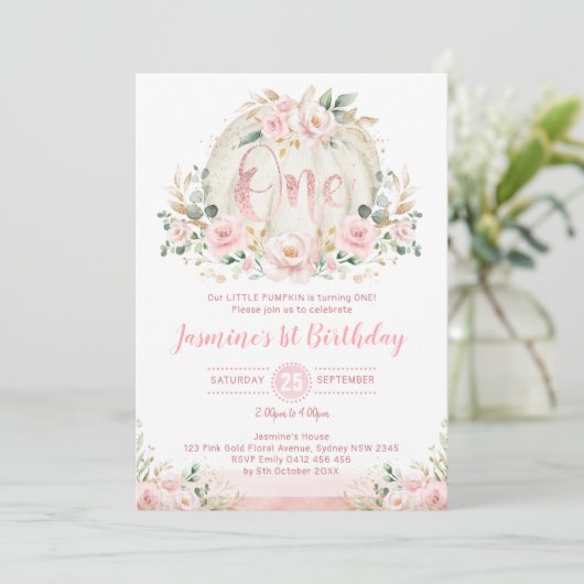 バラ金ゴールドカボチャ1st誕生日赤面ピンクフローラ 招待状 (スタンド正面)