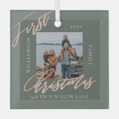 バラ金ゴールドカリグラフクリスマスニューホームフォト ガラスオーナメント (正面)