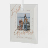 バラ金ゴールドカリグラフクリスマスニューホームフォト ガラスオーナメント (正面左)