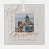 バラ金ゴールドカリグラフクリスマスニューホームフォト ガラスオーナメント (正面)