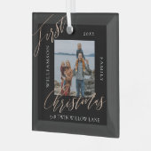 バラ金ゴールドカリグラフクリスマスニューホームフォト ガラスオーナメント (正面左)