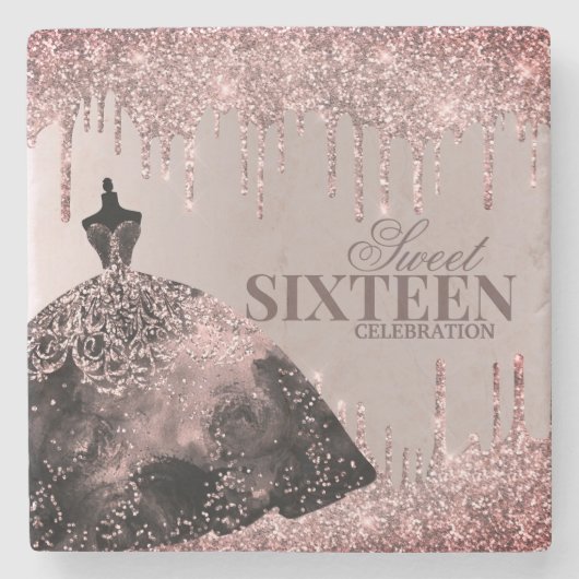 バラ金ゴールドガウングリッタースパークドリップズスウィート16セレブ ストーンコースター (正面)